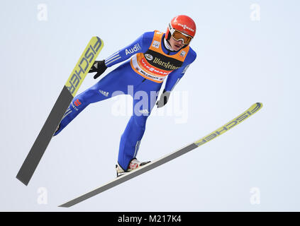 Willingen, Germany. 3rd Feb, 2018. Germany's Richard Freitag in action during his trial jump off the 'Muehlenkopfschanze' at the Ski Jumping World Cup in Willingen, Germany, 3 February 2018. Credit: Arne Dedert/dpa/Alamy Live News Stock Photo