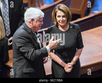 Washington, USA. 30th Jan, 2018. United States Representative John B. Larson (Democrat of Connecticut), left, and US House Minority Leader Nancy Pelosi (Democrat of California), right, converse prior to the arrival of US President Donald J. Trump who will deliver his first State of the Union address to a joint session of the US Congress in the US House chamber in the US Capitol in Washington, DC on Tuesday, January 30, 2018. Credit: Ron Sachs/CNP - NO WIRE SERVICE - Credit: Ron Sachs/Consolidated News Photos/Ron Sachs - CNP/dpa/Alamy Live News Stock Photo