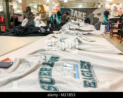 King of Prussia, PA, Fans of the Philadelphia Eagles - the NFC Championship winner - shop for team merchandise ahead of the Super Bowl at a local sporting goods store Credit: Don Mennig/Alamy Live News Stock Photo