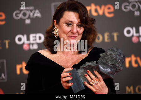 Actress Adelfa Calvo in the press room during the 32th annual Goya Film Awards in Madrid, on Saturday 3rd February, 2018. pictured: Goya actriz reparto ' El autor ' Credit: Gtres Información más Comuniación on line, S.L./Alamy Live News Stock Photo