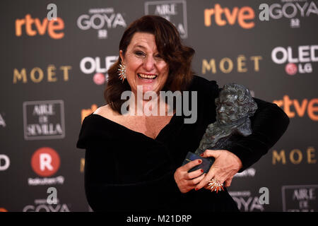 Actress Adelfa Calvo in the press room during the 32th annual Goya Film Awards in Madrid, on Saturday 3rd February, 2018. pictured: Goya actriz reparto ' El autor ' Credit: Gtres Información más Comuniación on line, S.L./Alamy Live News Stock Photo