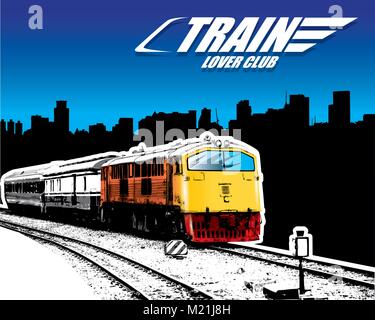 old train on a rail road in the city. Vector illustration Stock Vector