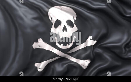 Black pirate flag with skull and crossbones, blowing in the wind. 3D illustration Stock Photo