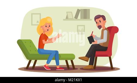 Classic Psychologist Vector. Classic Psychotherapist And Woman Patient. Psychotherapy Counseling Concept. Consultation Of Psychotherapist. Psychology Cabinet With Sofa. Flat Cartoon Illustration Stock Vector
