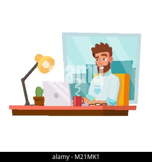 Programmer Man Vector. Development Working. Man Freelance Job Concept. Isolated On White Cartoon Character Illustration Stock Vector