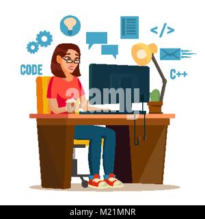 Programmer Woman Vector. Programmer Workspace. Working On Internet Using Laptop. Cartoon Character Illustration Stock Vector