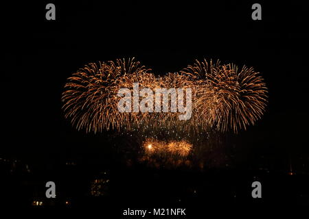 Colorful fireworks against black sky in the night Stock Photo