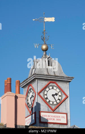 The clock tower and weather vane on top of Carlisle Old Town Hall, Cumbria, England, UK