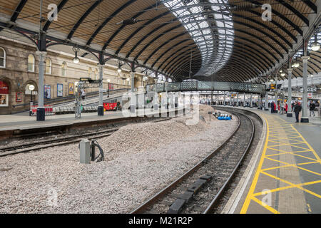 Piles of ballast between the tracks for scheduled engineering work at Newcastle Central railway station, north east England, UK Stock Photo