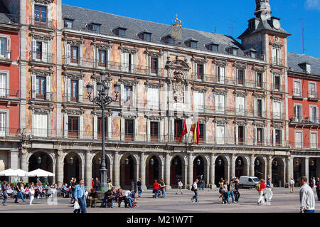 The Main Square (Plaza Mayor), a grand arcaded square in the center of the city, is very popular with tourists and locals alike - Madrid, Spain Stock Photo