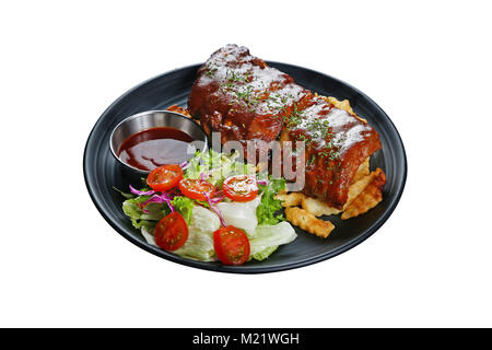 Grilled pork ribs and vegetable isolated on white background Stock Photo