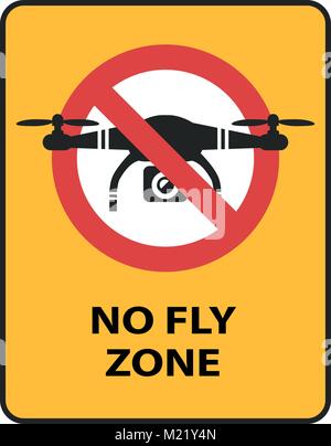 Drone No Fly Zone sign. Yellow prohibition sign with quadcopter isolated vector icon Stock Vector