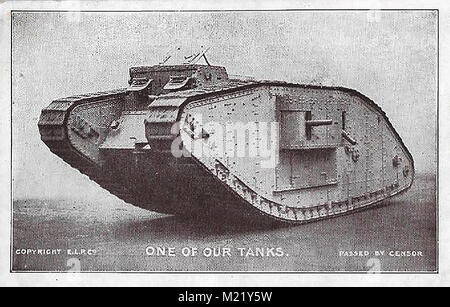 First World War (1914-1918)  aka The Great War or World War One - Trench Warfare - WWI  A British wartime propaganda postcard 'one of out tanks' marked as passed by the censor Stock Photo