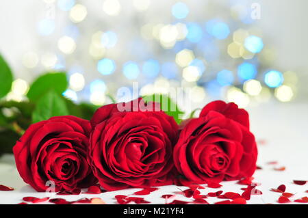 Three roses (Rosa rubiginosa) in a row on the white tablecloth between hearts, yellow and blue lights. Stock Photo