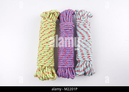 Various colour of ropes isolated on white background. Stock Photo