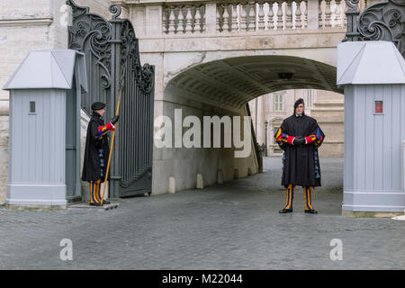 VATICAN - January 19, 2018: the Pontifical Two swiss Guard secures the Pope and the Apostolic Palace Stock Photo
