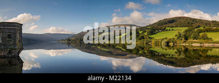 A panoramic shot of Talybont Reservoir captured on a bright Autumn morning. Stock Photo