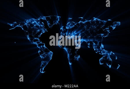 World map low polygon blue glowing on black background Stock Photo