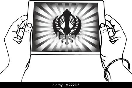 Hands holding a tablet on which the Khanda is the symbol of Sikhism. Black-and-white gradient rays, a transparent background, button. Vector Stock Vector