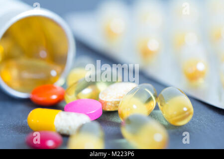 colorful bright pills closeup with shallow depth of field Stock Photo