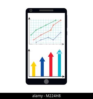 Chart and graphic on smartphone screen. Vector smartphone chart and graph, business illustration report data Stock Vector