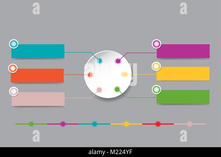 Set of six infographics color rectangles with colorful metal circles and blank white circle in the centre ready for your text. Colorful link of steps  Stock Vector