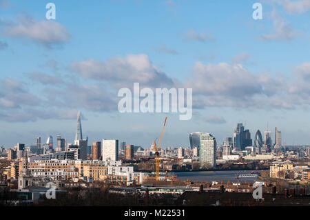 The London skyline seen from Greenwich with the Shard to the left, St Paul's Cathedral in the centre and the City to the right. Stock Photo