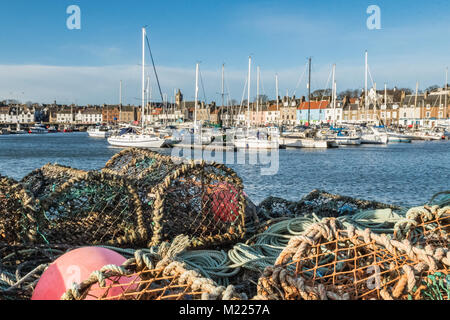 Anstruther harbour boats and lobster pots, East Neuk of Fife, Scotland, UK Stock Photo