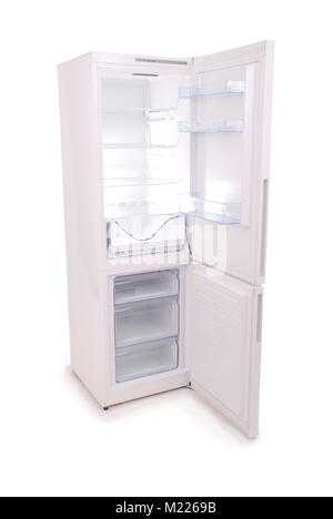 Studio shot of an empty refrigerator with opened door isolated on white background. Clipping path included. Stock Photo