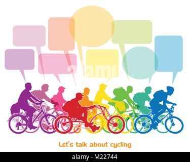 Group of cyclists riding bikes and talking about cycling. Vector illustration. Stock Vector