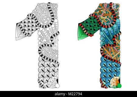 Hand-painted art design. Number one zentangle objects. Colored and outline set Stock Vector
