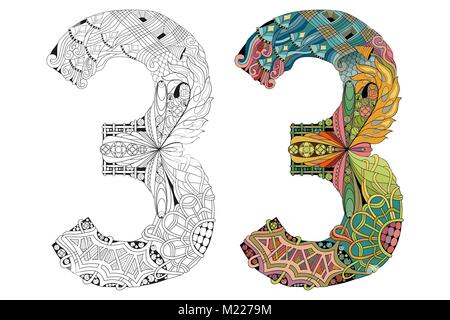 Hand-painted art design. Number three zentangle objects. Colored and outline set Stock Vector