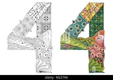 Hand-painted art design. Number four zentangle objects. Colored and outline set Stock Vector