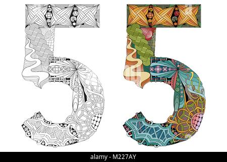 Hand-painted art design. Number five zentangle objects. Colored and outline set Stock Vector