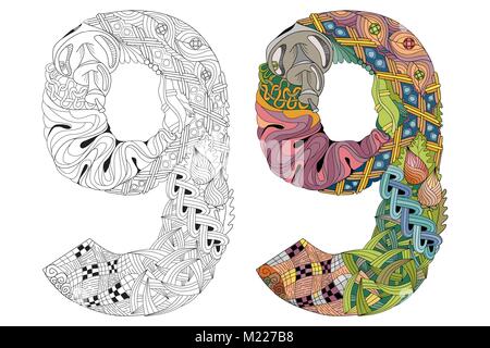 Hand-painted art design. Number nine zentangle objects. Colored and outline set Stock Vector
