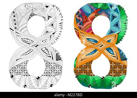 Hand-painted art design. Number eight zentangle objects. Colored and outline set Stock Vector