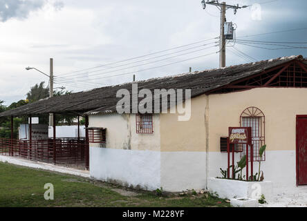 Las Tunas, Cuba - September 4, 2017: Building at the city fairgrounds used for pig farm exhibitions. Stock Photo