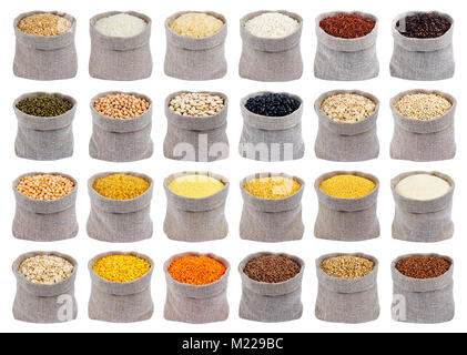 Collection of different cereals, grains and flakes in bags isolated on white background. Stock Photo