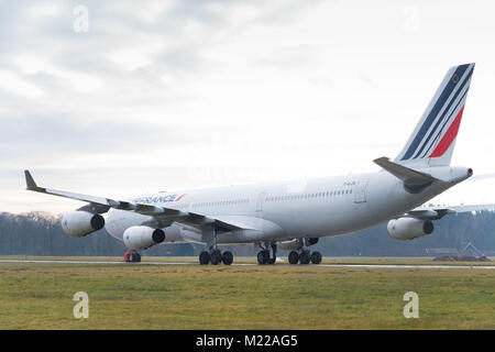 ENSCHEDE, NETHERLANDS - FEBRUARY 3, 2018: Two commercial passenger airplanes to be dismantled on a former military airfield Stock Photo