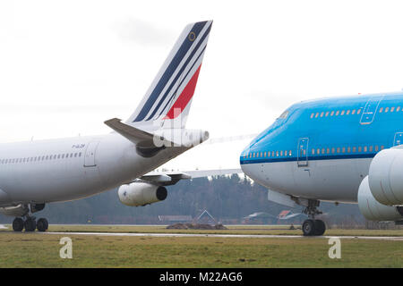 ENSCHEDE, NETHERLANDS - FEBRUARY 3, 2018: Two commercial passenger airplanes to be dismantled on a former military airfield Stock Photo