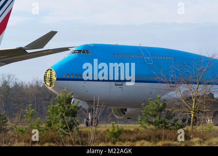 ENSCHEDE, NETHERLANDS - FEBRUARY 3, 2018: Two commercial passenger airplanes to be dismantled on a former military airfield Stock Photo