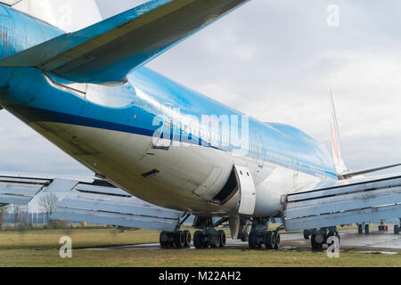 ENSCHEDE, NETHERLANDS - FEBRUARY 3, 2018: Two commercial passenger airplanes to be dismantled on a former military airfield Stock Photo