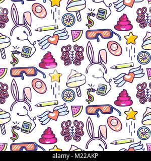 Fun doodles vector icons seamless pattern. Pop art modern style objects. Stock Vector