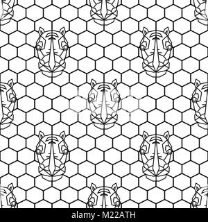 Rhinoceros geometric line style seamless vector pattern with honeycomb background. Stock Vector