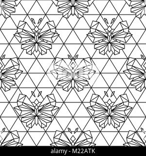 Butterfly geometric line style seamless vector pattern with triangle net background. Stock Vector