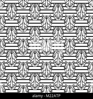 Rhinoceros geometric line style seamless vector pattern with stripes monochrome background. Stock Vector