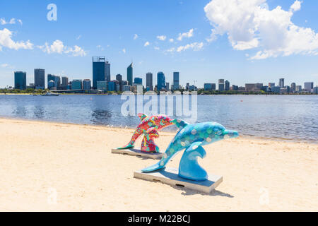 The Big Splash WA painted dolphins on the foreshore of South Perth, Western Australia Stock Photo