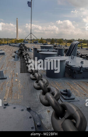Houston, Texas - The forward main deck of the Battleship Texas, which served in World War I and World War II. The vessel is docked on the Houston Ship Stock Photo