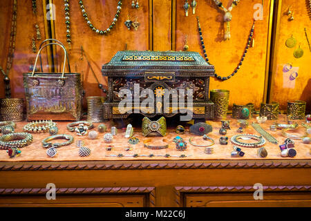 Traditional handmade middle eastern jewelry and treasure chest in luxury shop in Morocco Stock Photo