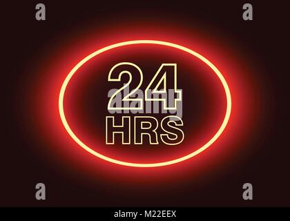 24 hours open sign, red neon billboard vector illustration Stock Vector